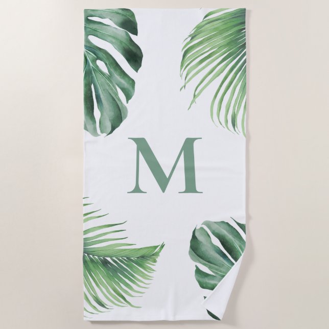 Tropical Palm Foliage Greenery Monogram Beach Towel (Front)