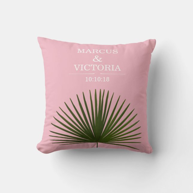 Tropical Palm Frond Leaf Pink Wedding Cushion (Front)