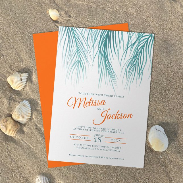 Tropical palm frond watercolor teal orange wedding invitation (Creator Uploaded)