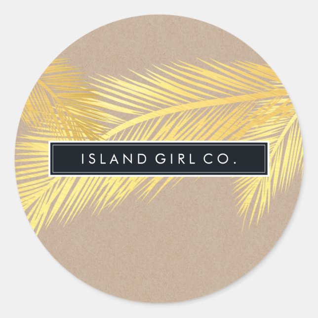 TROPICAL PALM FRONDS cute gold foil bold kraft Classic Round Sticker (Front)