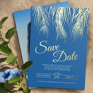 Tropical palm fronds save the date blue gold