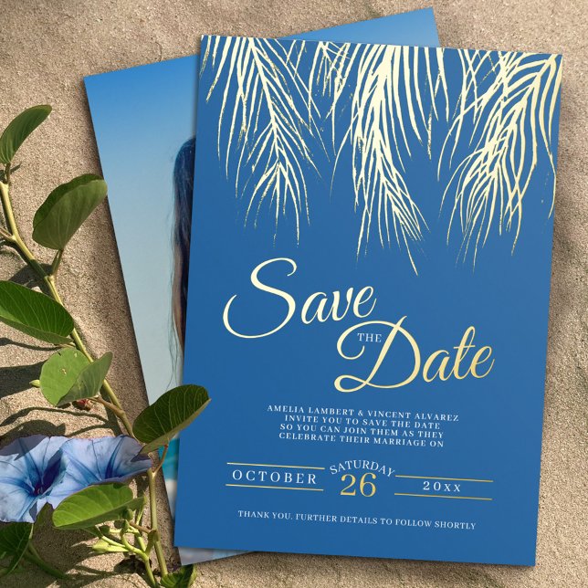 Tropical palm fronds save the date blue gold (Creator Uploaded)