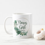 Tropical Palm Gold Circle Personalised Flower Girl Coffee Mug<br><div class="desc">Tropical Foliage Trendy Greenery and Gold Wreath Circle Personalised Flower Girl Coffee Mugs - with tropical leaf wreath. A fun bridal party gift idea, or to hold all the wedding swag for your bridesmaids, in a bold colour palette of rich greens, emerald, and gold. This design is perfect for a...</div>