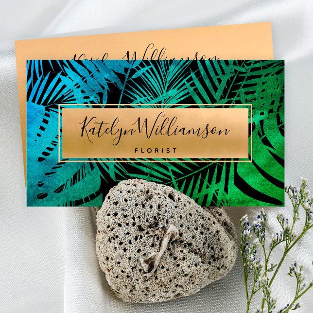 Tropical palm gold teal green ombre elegant script business card (Creator Uploaded)