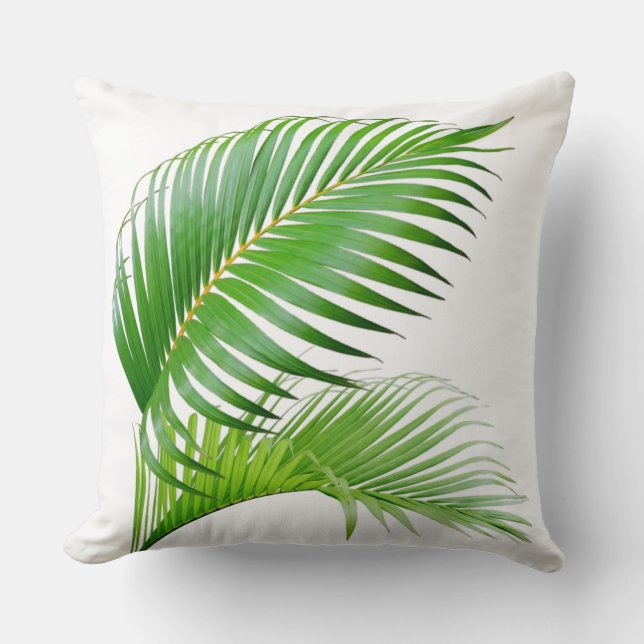 Tropical palm green leaves on white throw pillow (Front)