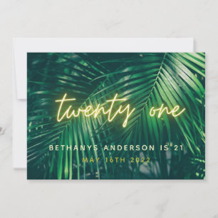 Tropical palm green neon script 21st birthday part save the date
