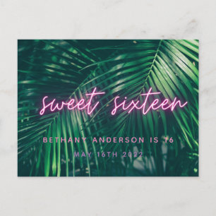 Tropical palm green neon script sweet 16 birthday postcard