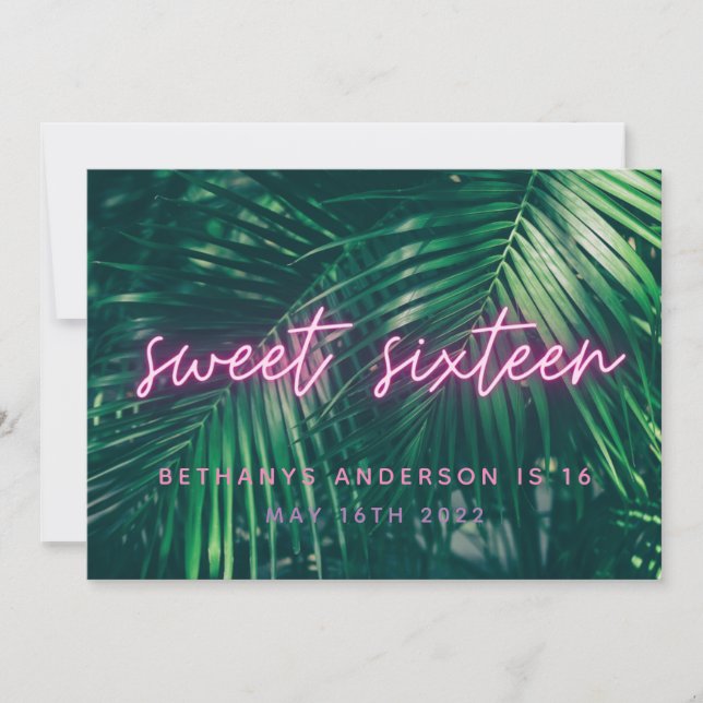 Tropical palm green neon script sweet 16 birthday  save the date (Front)