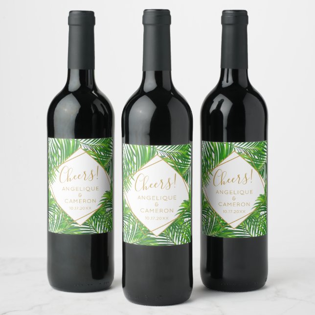 Tropical Palm Greenery and Gold Geometric Wine Label (Bottles)