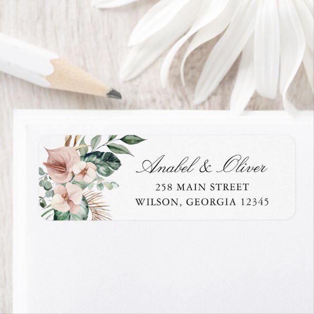 Tropical Palm Greenery Blush Floral Return Address Label (Insitu)