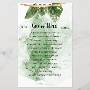 Tropical Palm Guess Who Bridal Shower Game Card