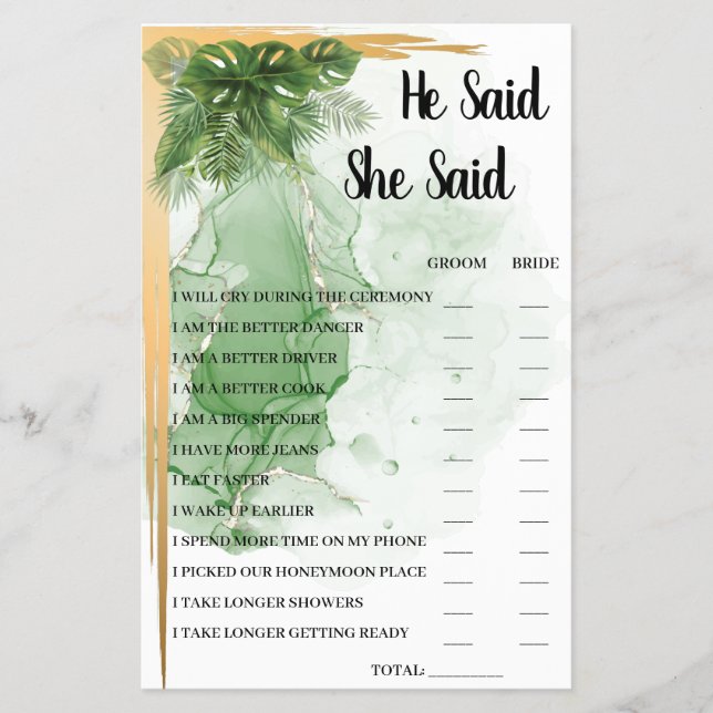 Tropical Palm He Said She Said Bridal Shower Game Flyer (Front)