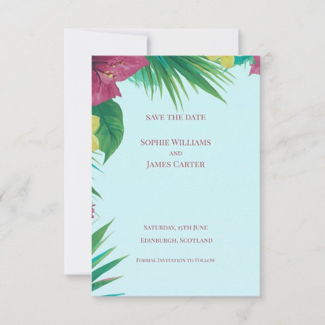 Tropical Palm Hibiscus Teal Destination Wedding Save The Date (Front)