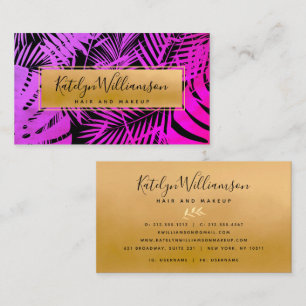 Tropical palm hot pink ombre gold script stylish business card