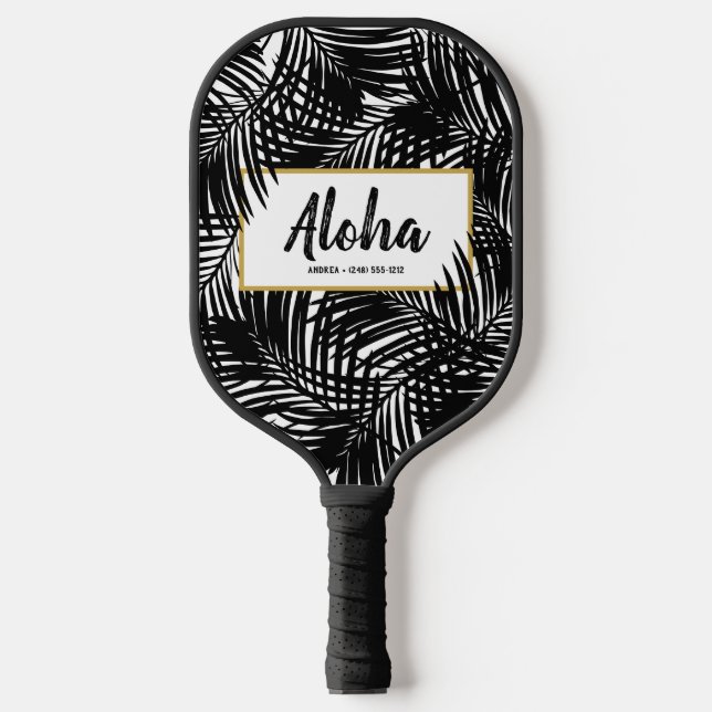 Tropical Palm Leaf Aloha Black White Personalised Pickleball Paddle (Front)