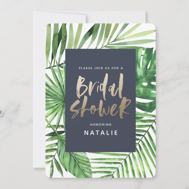 Tropical palm leaf and gold script bridal shower save the date (Front)