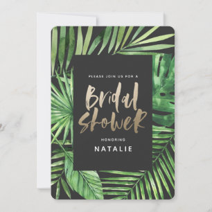 Tropical palm leaf and gold script bridal shower save the date