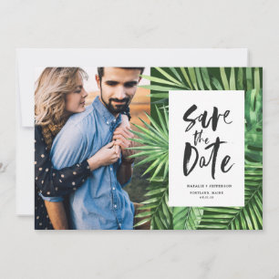 Tropical palm leaf and script foliage photo save the date