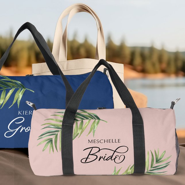 Tropical Palm Leaf Any Colour Handwritten Bride Duffle Bag (Bride duffel bag with palm leaf and calligraphy - edit to any color)