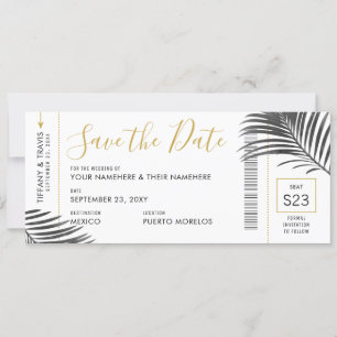 Tropical Palm Leaf Boarding Pass Save Date B+W Announcement
