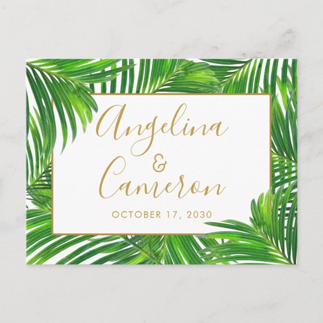 Tropical Palm Leaf Border Green Gold Save the Date Announcement Postcard (Front)