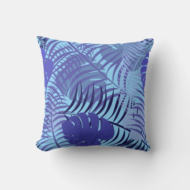 Tropical Palm Leaf Classic Blue Beach House Cushion (Front)