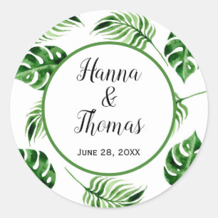 Tropical Palm Leaf Destination Wedding Classic Rou Round Sticker