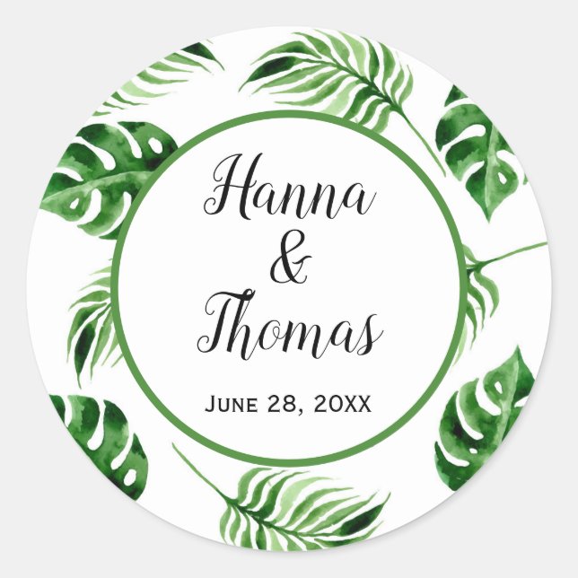 Tropical Palm Leaf Destination Wedding Classic Rou Round Sticker (Front)