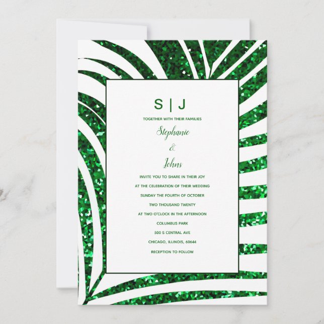  Tropical Palm Leaf Emerald Green Glitter Wedding Invitation (Front)