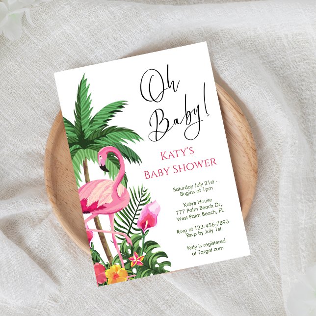 Tropical Palm Leaf Flamingo Baby Shower Invitation (Creator Uploaded)
