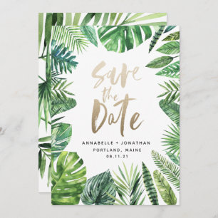 Tropical palm leaf foliage and gold script save the date