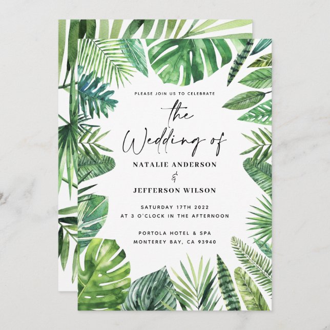Tropical palm leaf foliage wedding invitation (Front/Back)