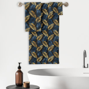 Tropical Palm Leaf Fronds Pattern Black Blue Gold Bath Towel Set