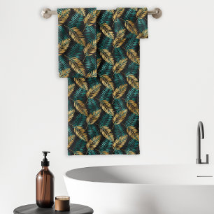 Tropical Palm Leaf Fronds Pattern Black Teal Gold Bath Towel Set