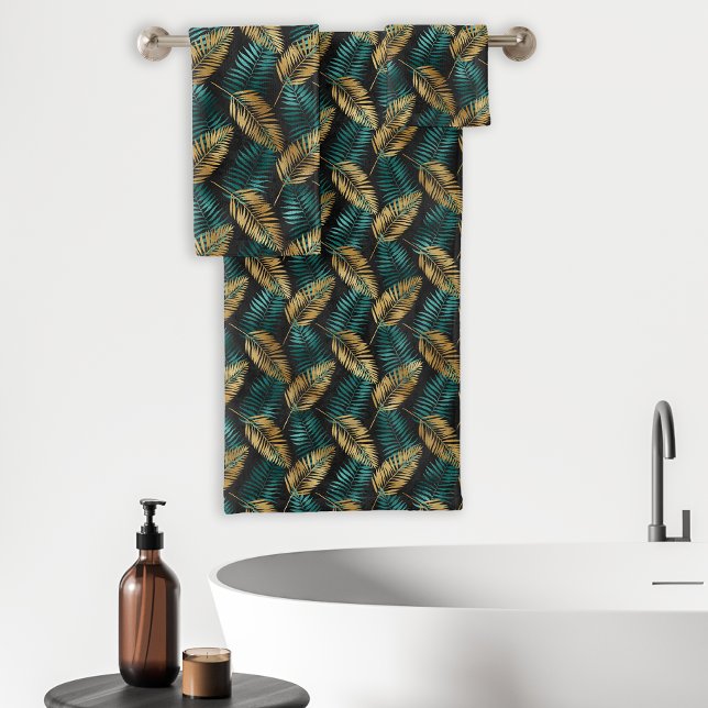 Tropical Palm Leaf Fronds Pattern Black Teal Gold Bath Towel Set (Creator Uploaded)