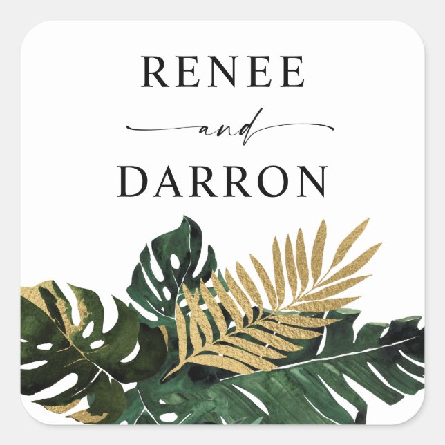 Tropical Palm Leaf Gold 4 Square Sticker (Front)