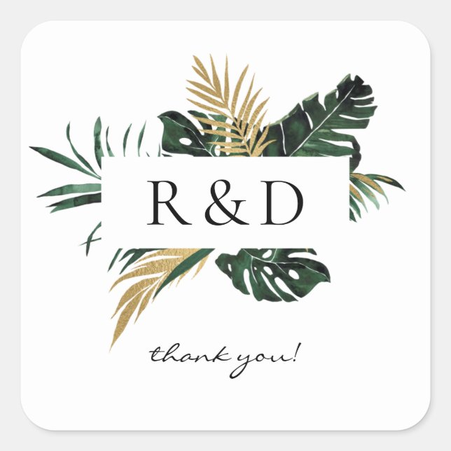 Tropical Palm Leaf Gold Monogram -  Square Sticker (Front)