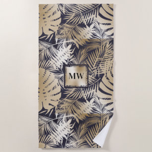 Tropical palm leaf gold navy blue monogram island beach towel