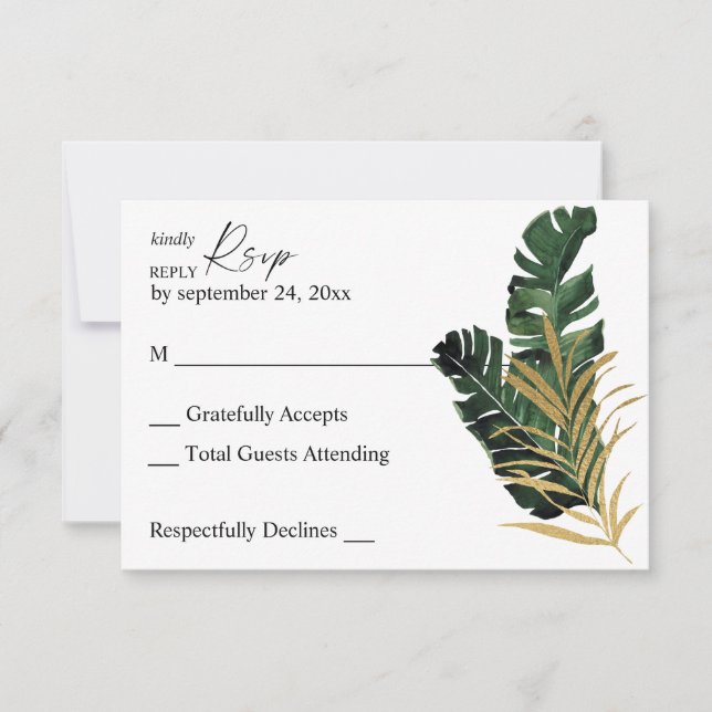Tropical Palm Leaf Gold no Meal RSVP Card (Front)
