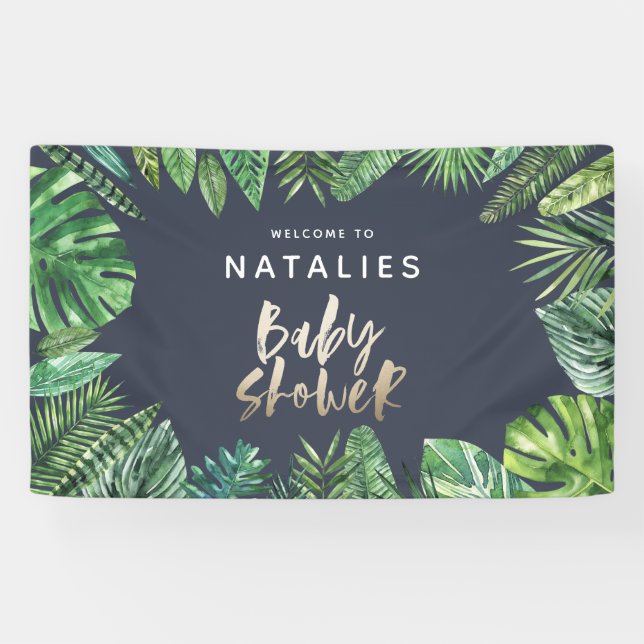 Tropical palm leaf & gold script baby shower banner (Horizontal)