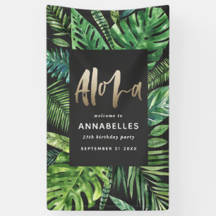 Tropical palm leaf gold script black aloha birthda banner