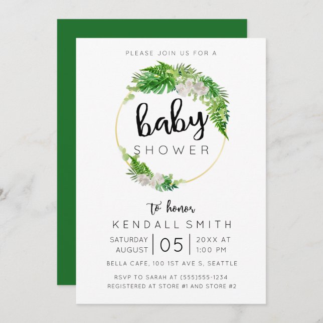 Tropical Palm Leaf Greenery Baby Shower Invitation (Front/Back)