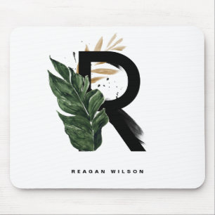 Tropical Palm Leaf Letter R Monogram Personalised Mouse Pad