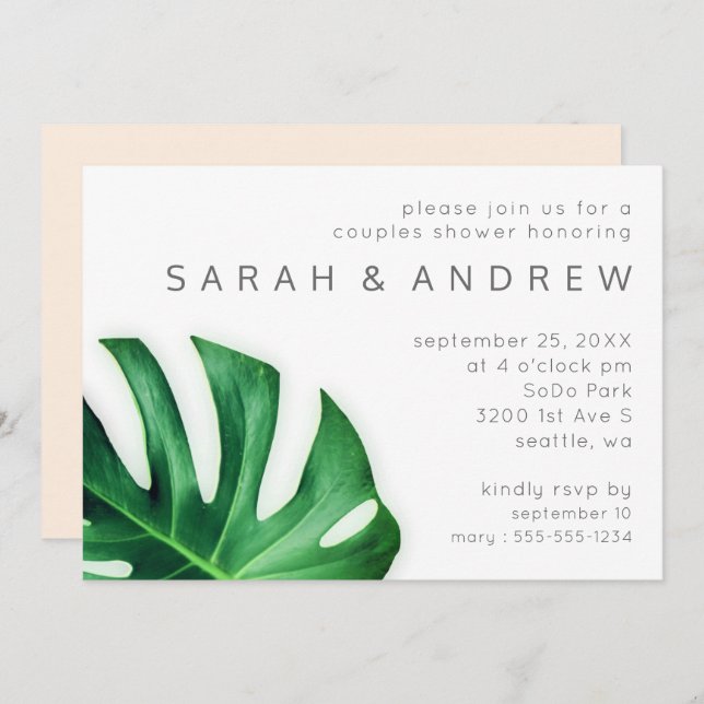 Tropical Palm Leaf Minimalist Couples Shower Invitation (Front/Back)