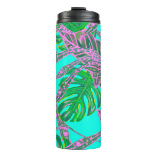 Tropical Palm leaf monstera coleus turquoise pink Thermal Tumbler
