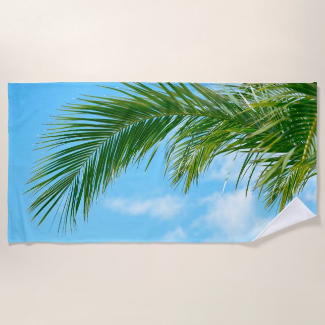 Tropical Palm Leaf Paradise Under Blue Sky Beach Towel (Front)