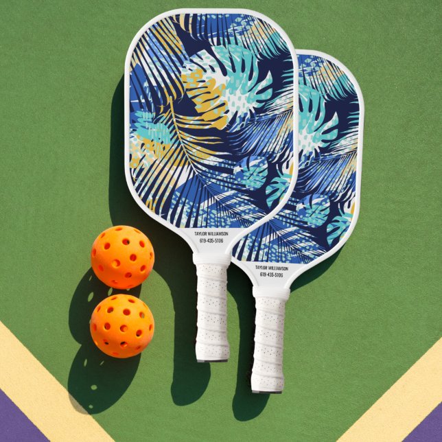 Tropical Palm Leaf Pattern Custom Name Phone # Pickleball Paddle (Creator Uploaded)