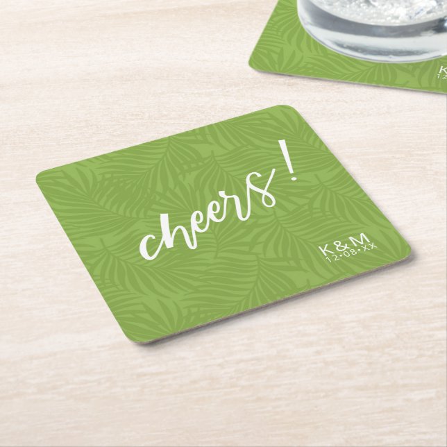 Tropical Palm Leaf Pattern Green ID577 Square Paper Coaster (Angled)
