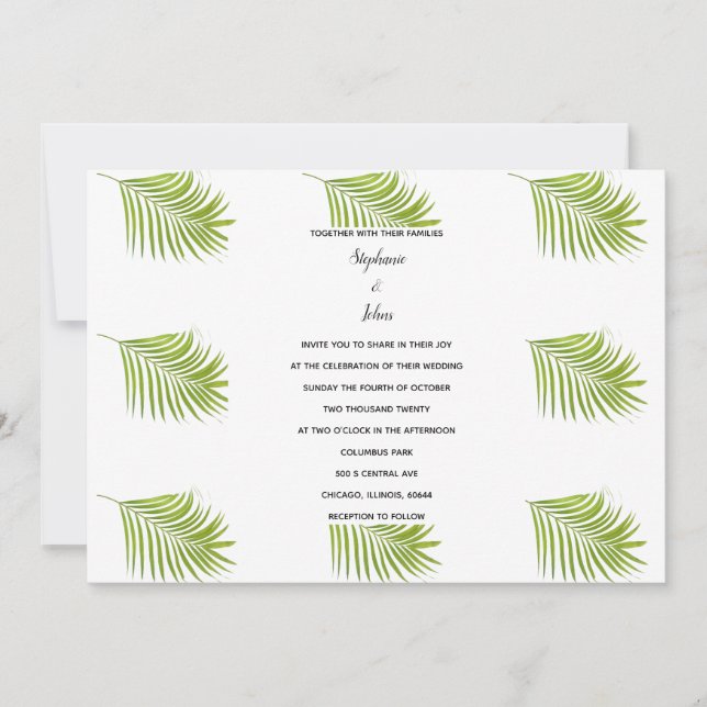 Tropical Palm Leaf Pattern Green White Wedding Invitation (Front)