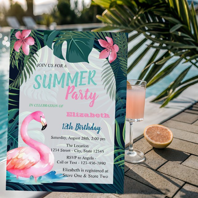 Tropical Palm Leaf,Pink Flamingos Birthday  Invitation (Creator Uploaded)